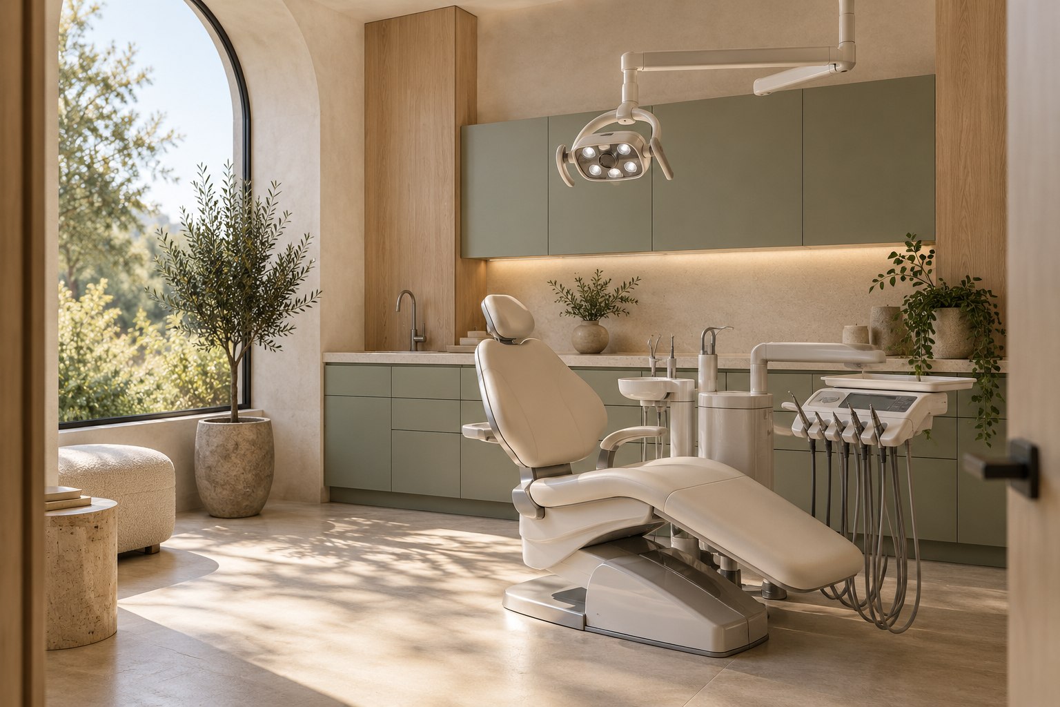 Generated dental concept interior with an ivory chair, warm oak, sage walls and morning light.