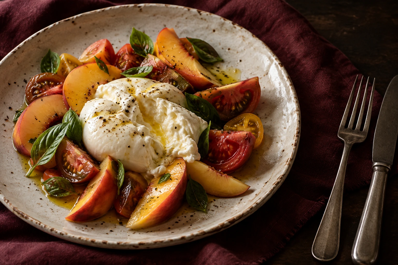 Generated culinary concept of burrata, peach, heirloom tomatoes and basil with olive oil on a handmade ceramic plate.